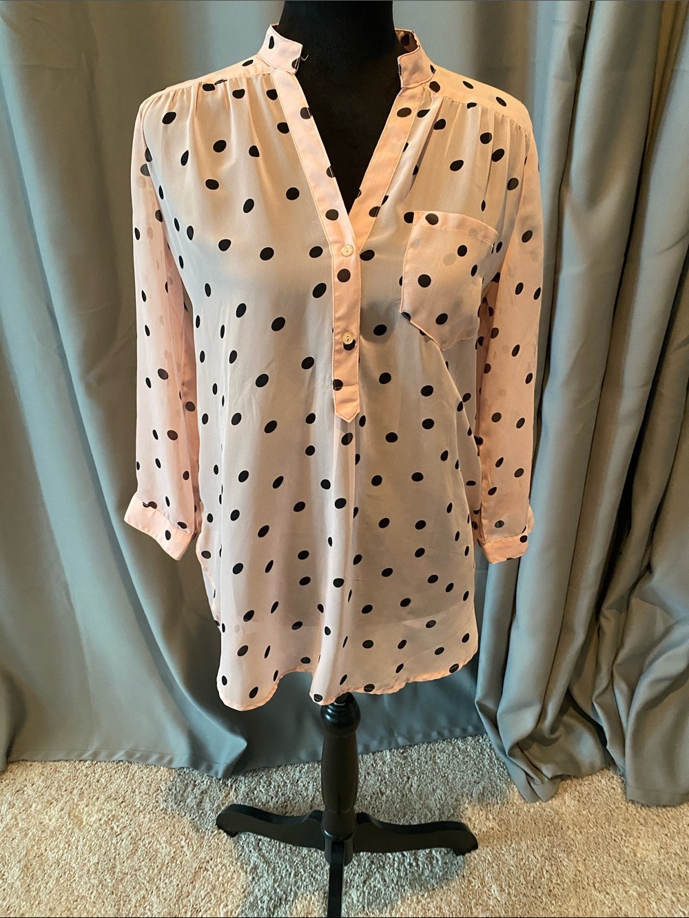 Classic Pink Polka Dot Long-Sleeve Blouse